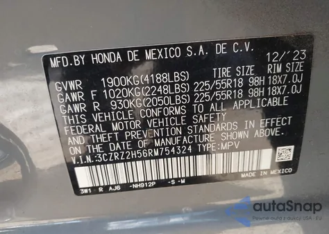 2024 Honda Hr-V Awd Sport/Awd Sport W/O Bsi from USA, damaged, VIN 3CZRZ2H56RM754324